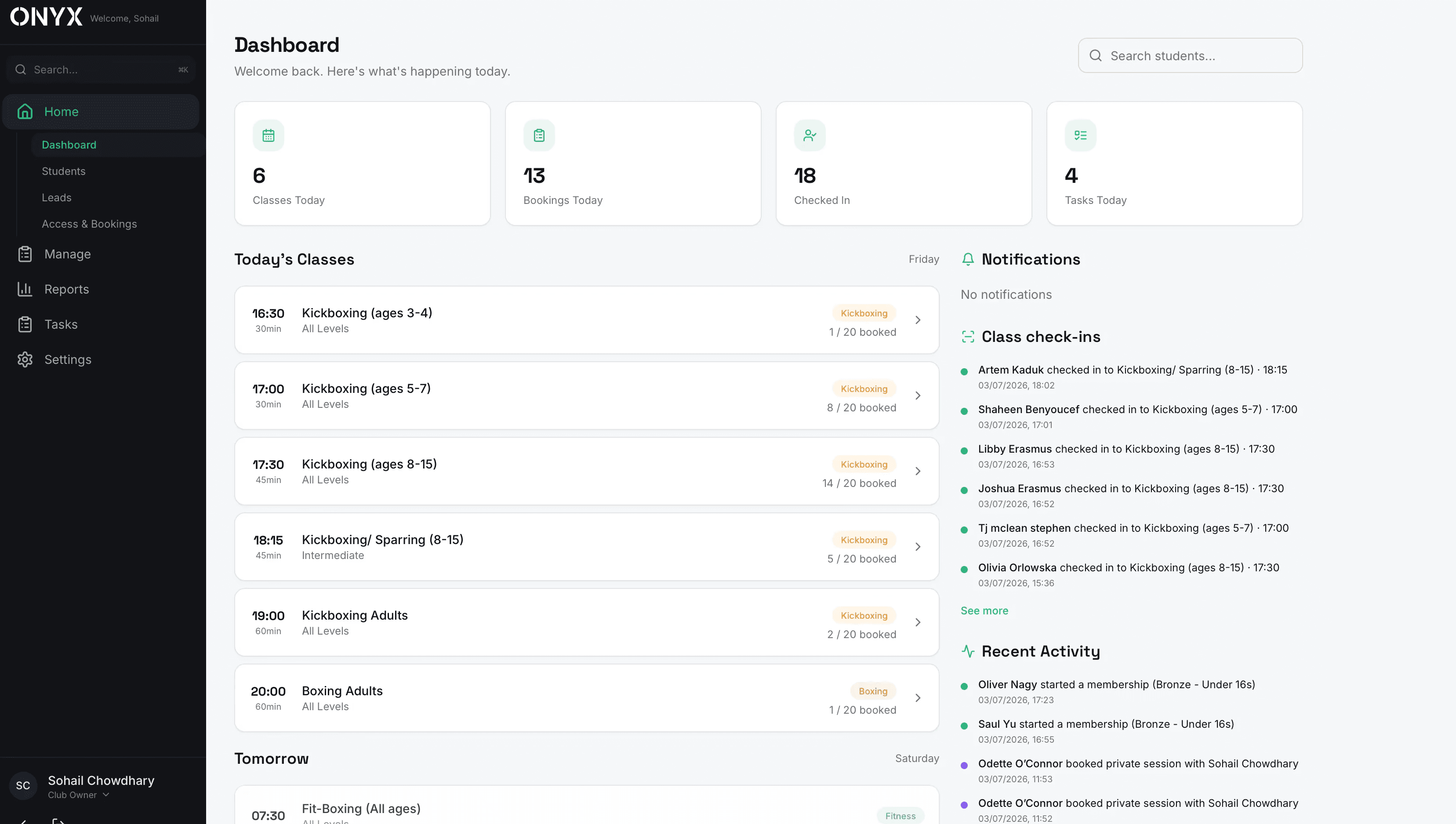The studio dashboard: today's classes, check-ins and recent member activity